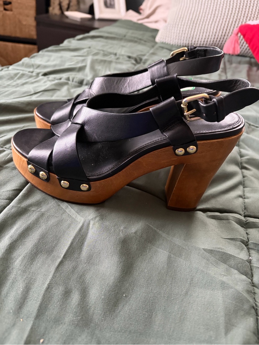 Coach Black Leather Platform Slingback Sandals with Wood Heel - Picture 2 of 7